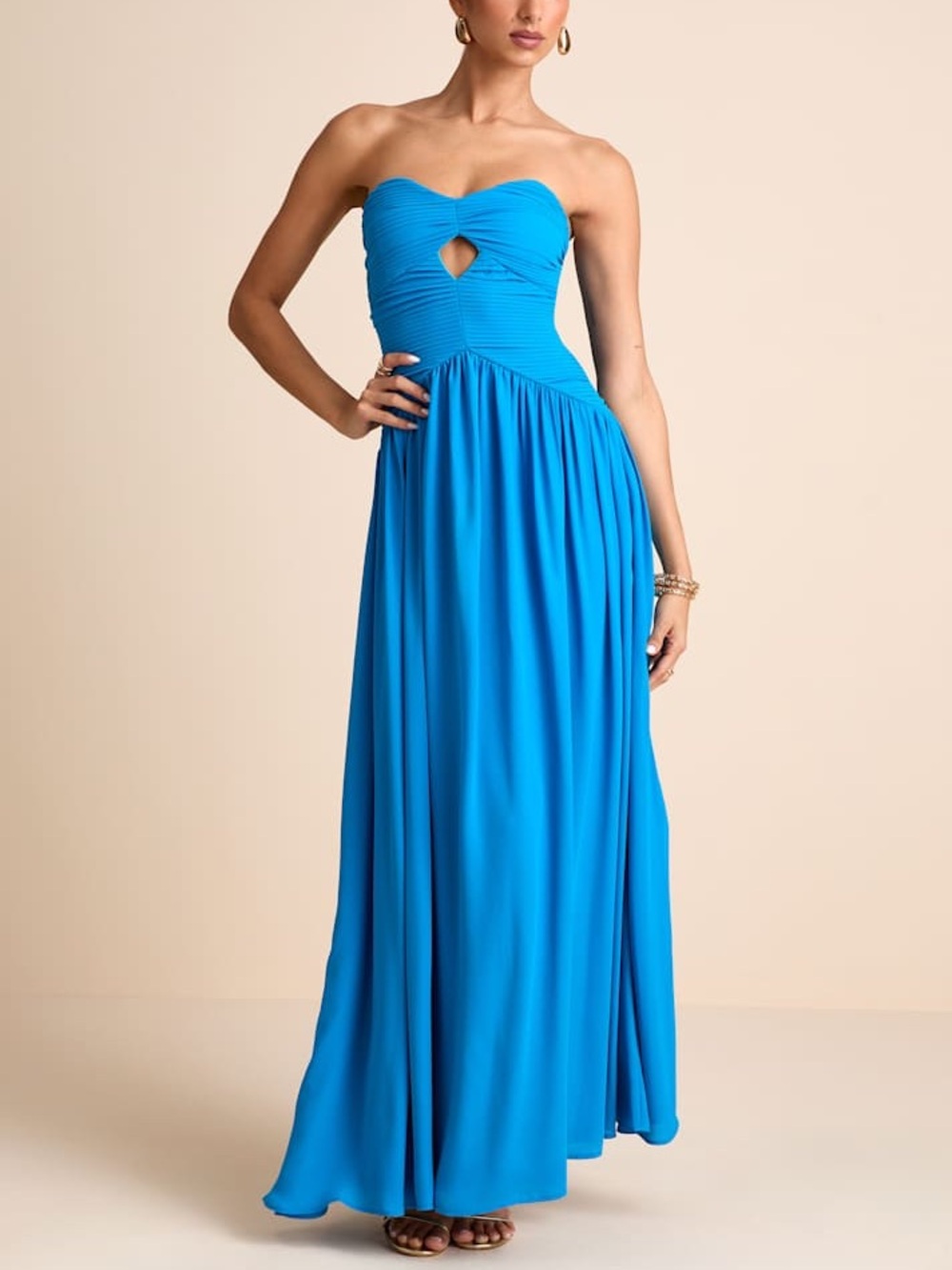 Lulus Rozala Bright Blue Pleated Strapless Maxi Dress Size XS NWT